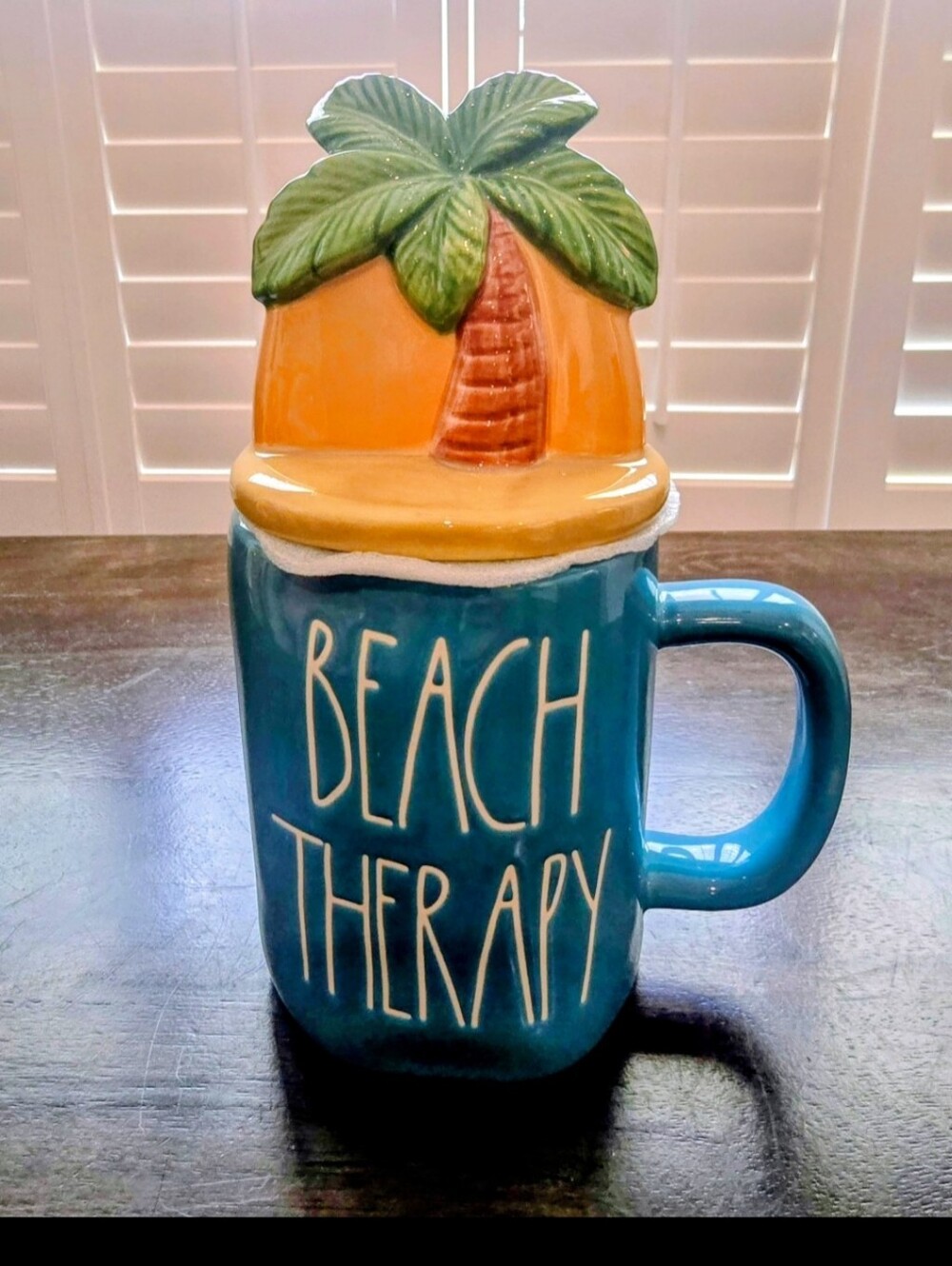 Rae Dunn Teal Blue "Beach Therapy" Mug with Yellow Palm Lid